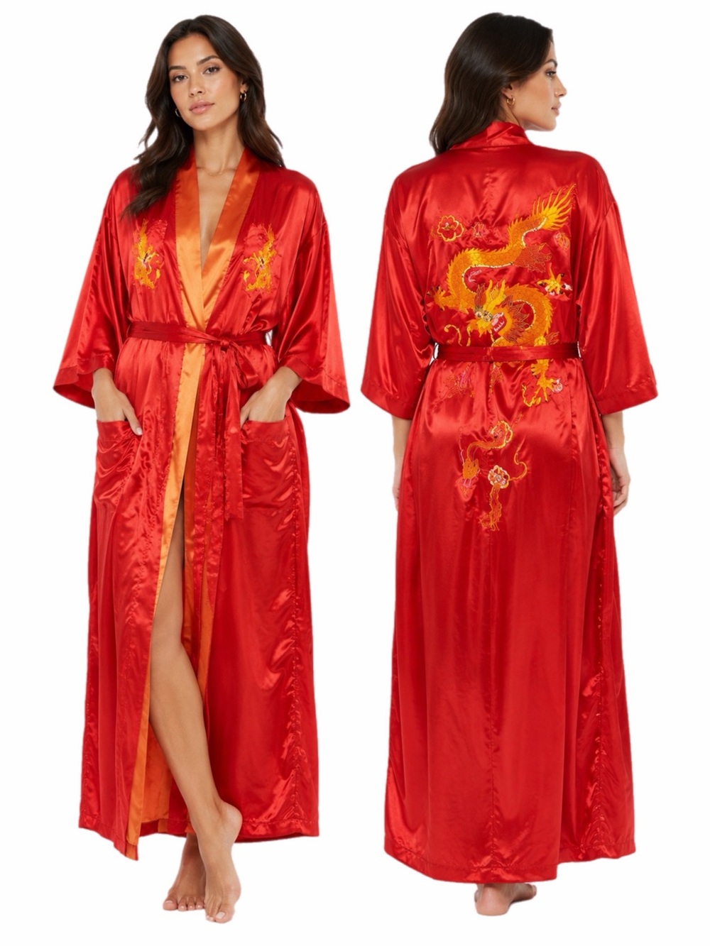 70s European Vintage Import Silk Dragon Embroidery Maxi Robe Kimono RedMulti O/S